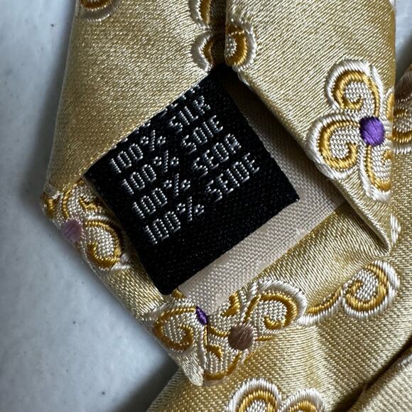 Rooster Vintage Men's Neck Tie 100% Silk Flower Printed Gold Yellow 59" Career - Picture 4 of 7